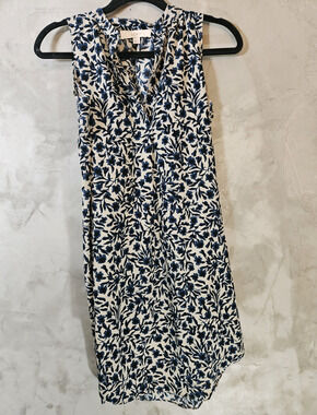 LOFT Blue Tan Floral V-Neck Sleeveless Shift Dress Knee Length Size XS